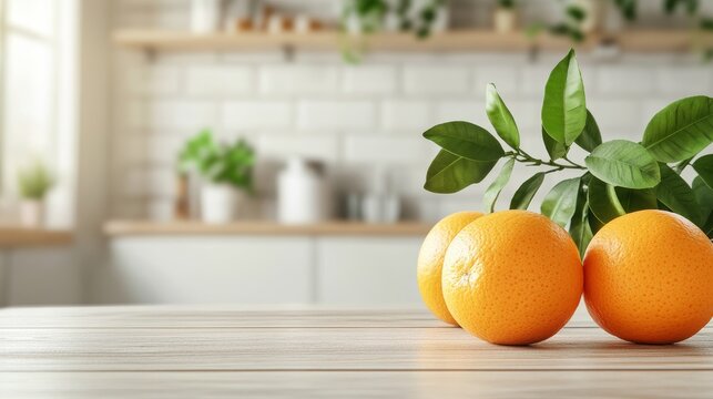 Wooden tabletop displaying fresh oranges and a green plant against a blurred kitchen setting