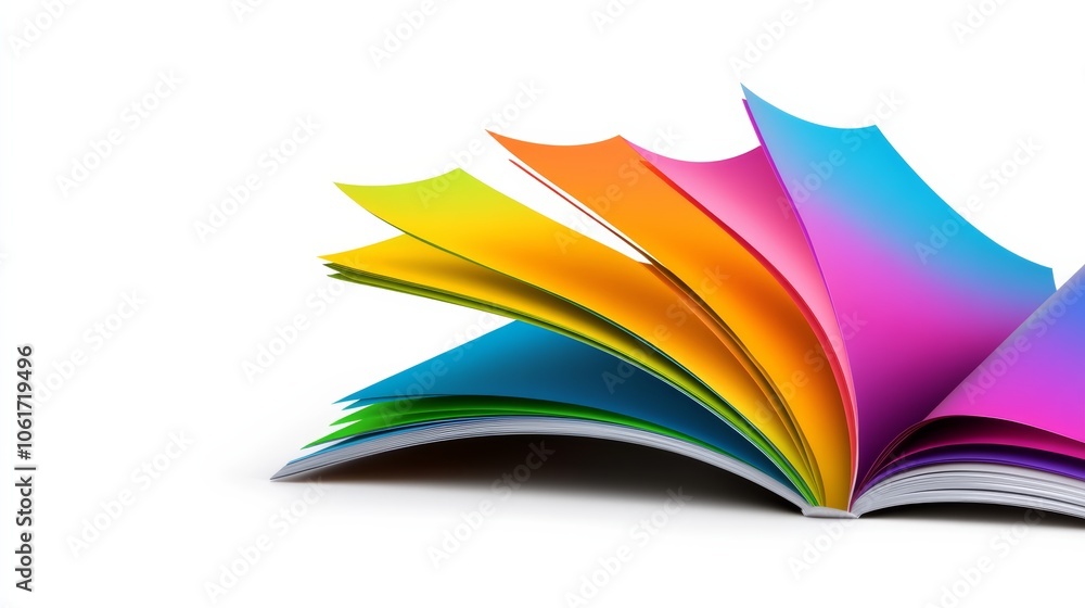 Poster book with a rainbow on it is open to a page with a rainbow. book is colorful and has many different 
