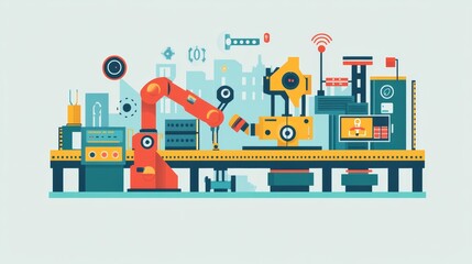 A smart manufacturing environment where engineers control industrial robots through IoT software, optimizing production processes and increasing efficiency