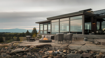 Modern lakeside home with large glass windows, a cozy fire pit, and outdoor seating, surrounded by rocky landscaping and scenic mountain views at sunset. Ideal for relaxation and gatherings.