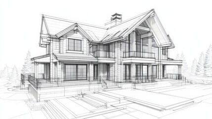 A structural engineering plan for a house construction project, with detailed diagrams showing the load-bearing walls, roof trusses, and foundation design