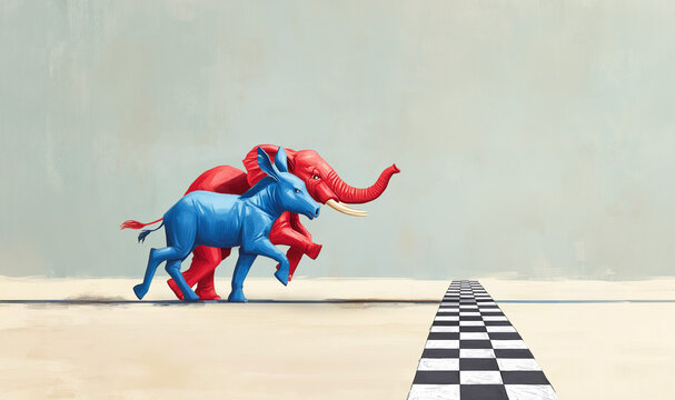 American Political Race: Democrat Donkey vs. Republican Elephant Racing 
