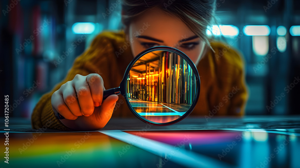 Poster print house employee inspecting printing process quality and color accuracy with a magnifying glass