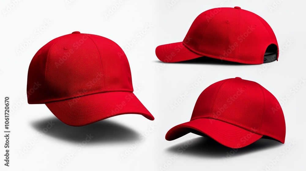 Poster red baseball cap is shown in three different angles. the cap is a simple design with a red color and