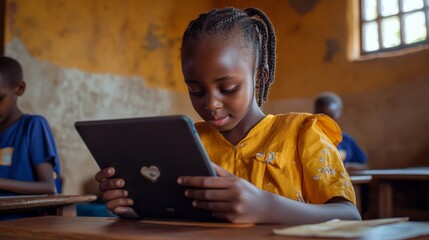 A student using a tablet in class, accessing multimedia teaching materials and engaging in interactive learning activities with the help of digital tools