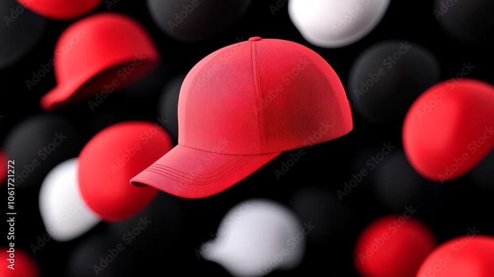 Poster red baseball cap is floating above a bunch of other red and white hats. the hats are all different s