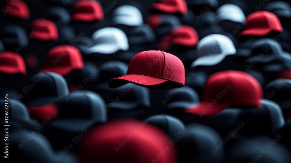 Poster red hat is the only one in a crowd of hats. the hats are all different colors and sizes