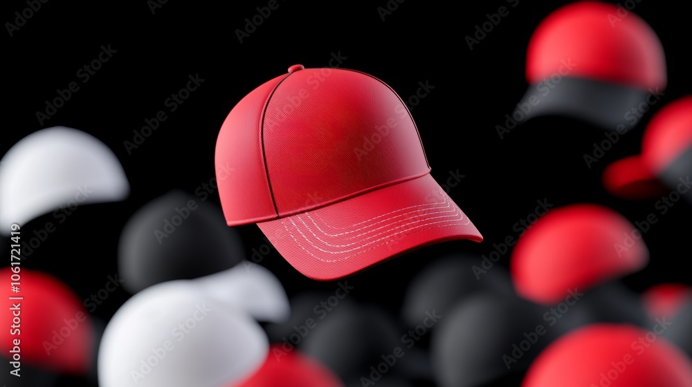Poster red hat is floating above a pile of hats. the hats are all different colors and sizes, but the red h