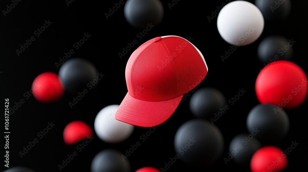 Poster red baseball cap is floating in the air above a bunch of red and black spheres. the image has a play