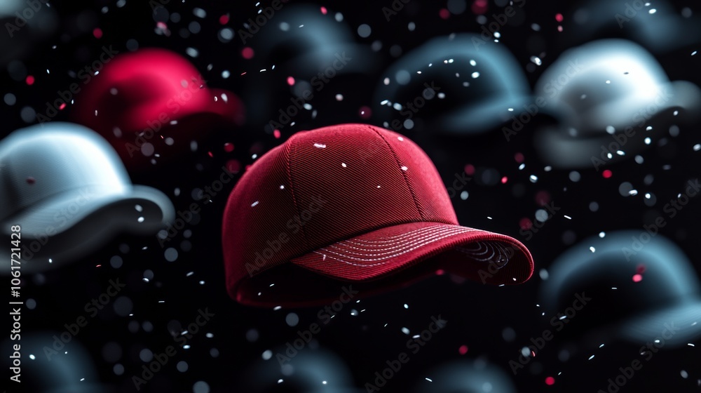 Poster red baseball cap is the center of attention in a photo of several other hats. hats are scattered aro