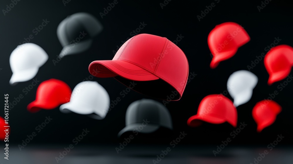 Poster collection of hats, including a red baseball cap, are floating in air. the hats are arranged in vari
