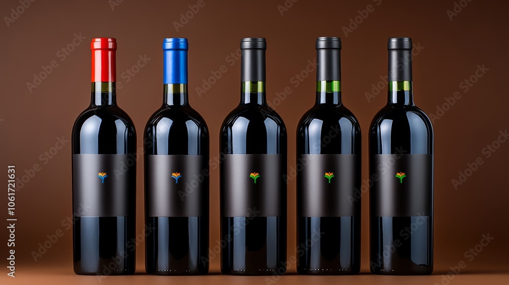 Poster five bottles of wine with different colored tops. the bottles are lined up on a brown surface