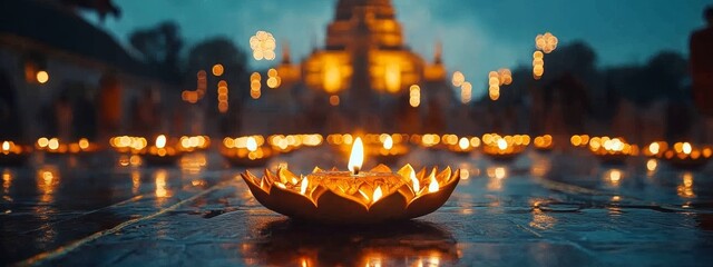 Krathongs Adorn the Ground: A Moment of Serenity at the Thai Temple.Concept of tradition, spirituality, cultural celebration, peace, and tranquility, tourism, hospitality, cultural heritage preservati