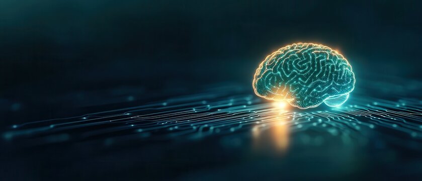 Abstract brain design with glowing circuit patterns on a digital background.