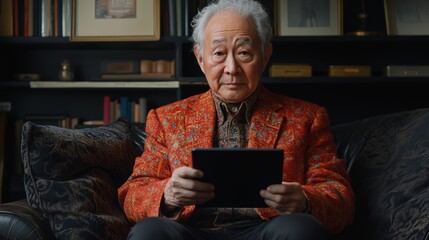 An older man in a red jacket is sitting on a couch and holding a tablet. Concept of relaxation and leisure, as the man is comfortably seated and engaged in using his tablet. The presence of the couch
