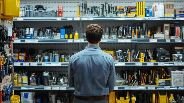 Customer looking at hardware shelf  in hardware tool retail shop