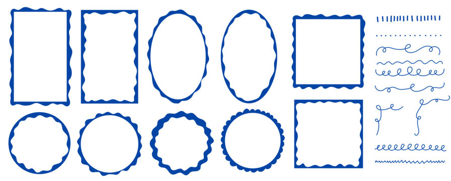 Set of blue abstract organic wavy frame. Playful color border with copy space. Retro aesthetic zigzag text box silhouette. Elegant outline loop stroke