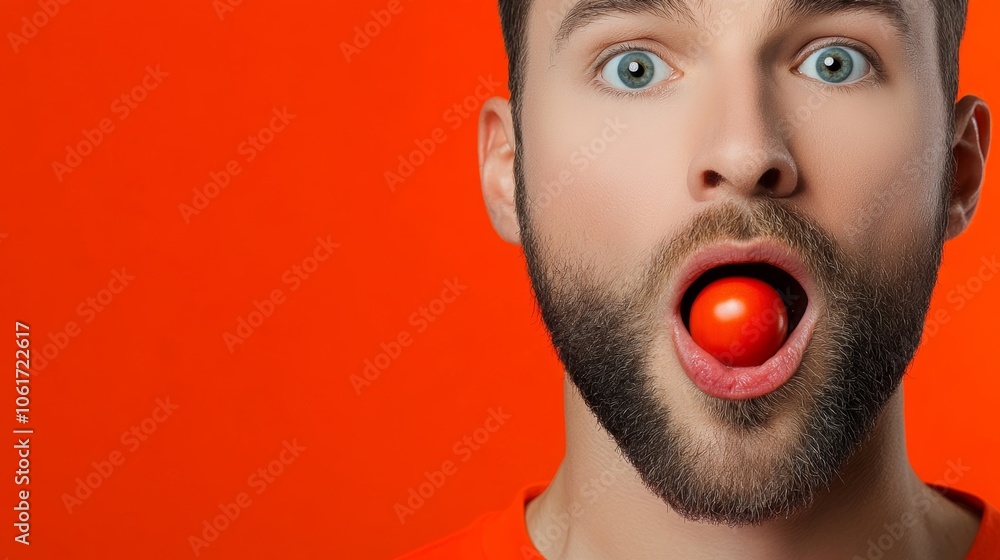 Poster man with a red tomato in his mouth. the man is smiling and looking surprised. the red background add