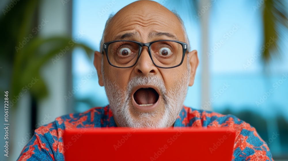 Poster man wearing glasses and a red shirt is looking at a computer screen with an open mouth. he is surpri