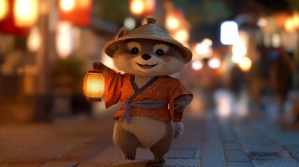Enchanting 3D Render of Japanese Tanuki Yokai with Lantern at Festival Night - Ultra-Detailed Illustration
