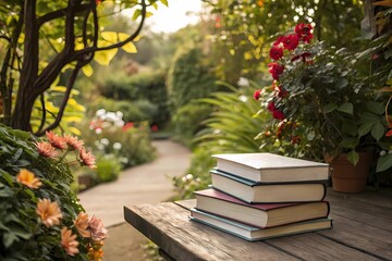 A Cozy Stack of Books Rests on a Wooden Bench in a Serene Garden Surrounded by Vibrant Flowers and Lush Greenery