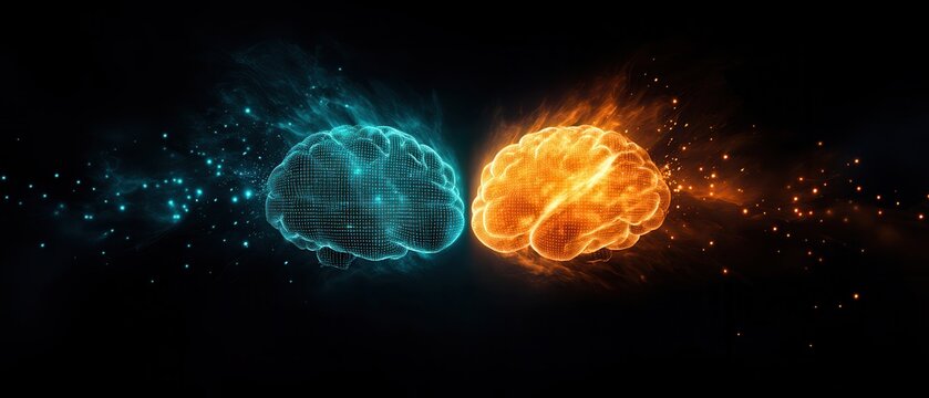 Dynamic representation of two brains in blue and orange, energy and creativity concept.