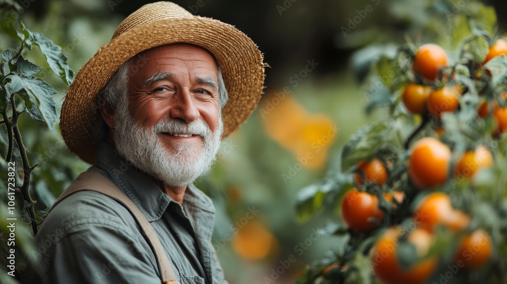 Poster man wearing a straw hat is smiling and posing in front of a tree full of oranges. concept of happine