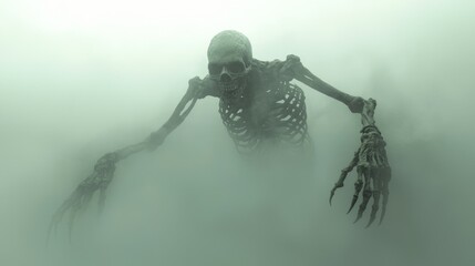 Eerie 3D Render of Japanese Yokai Gashadokuro Emerging from Fog in Ultra-Detailed Illustration