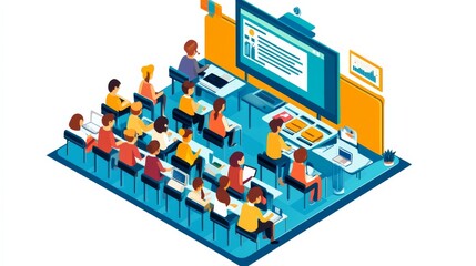 Obraz premium A virtual classroom media setup with students attending a live online session, using multimedia tools like video conferencing and collaborative digital platforms