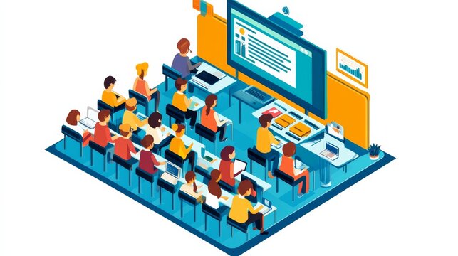 A virtual classroom media setup with students attending a live online session, using multimedia tools like video conferencing and collaborative digital platforms