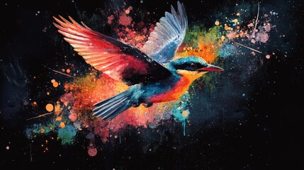 Fototapeta premium A watercolor animal vector art of a bird in flight, with bright, bold colors and fluid brushstrokes, set against a dark background to enhance the vibrancy