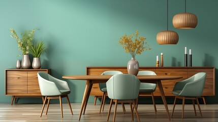 Obraz premium Elegant room with mint chairs around a wooden table, cozy sofa, cabinet, and a green feature wall, creating a fresh and inviting atmosphere.