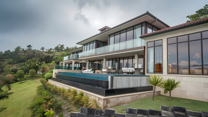 Fototapeta premium Modern luxury home with large glass windows overlooking a lush landscape, featuring a stunning pool and spacious outdoor seating area, set against a cloudy sky.