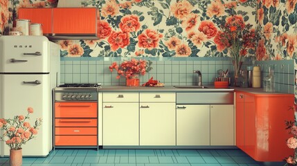 Colorful Retro Kitchen with Floral Wallpaper