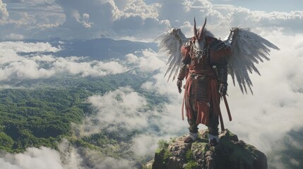 Naklejka premium Majestic Tengu Warrior 3D Render: Japanese Yokai Standing on Mountain Peak in Storm - Ultra-Detailed Illustration