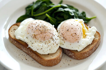 A plate of poached eggs on whole grain toast with a side of spinach