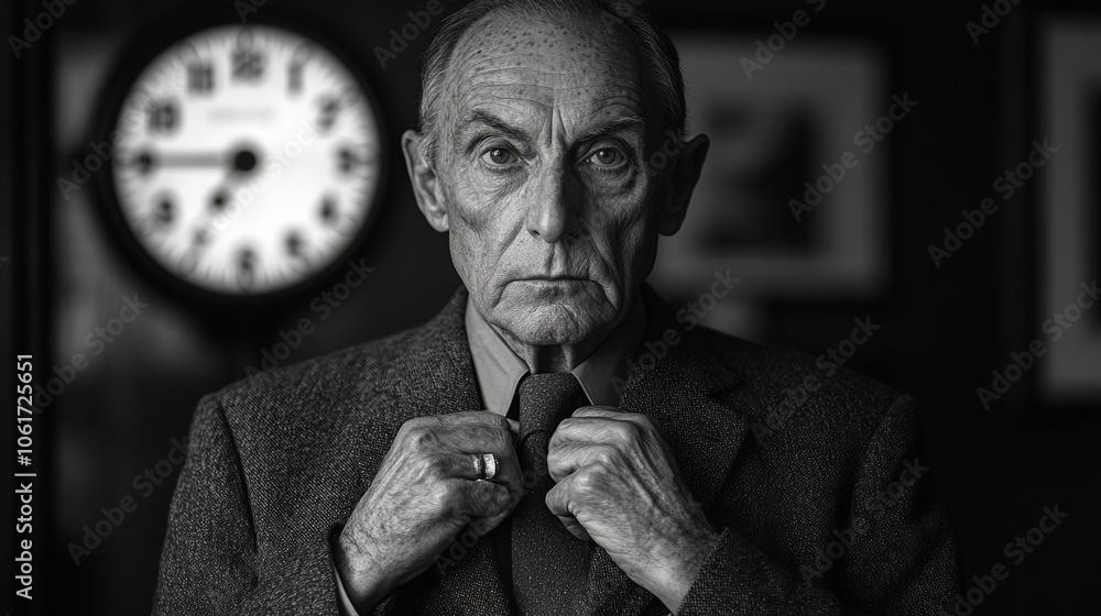 Poster man in a suit and tie is standing in front of a clock. he is adjusting his tie and looking at the ca