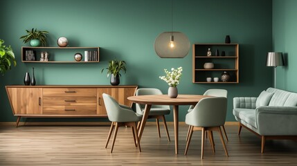 Stylish room with mint chairs, round wooden table, sofa, and green wall, combining natural and contemporary design.