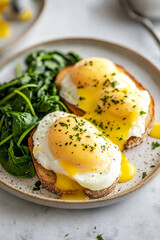 A plate of poached eggs on whole grain toast with a side of spinach