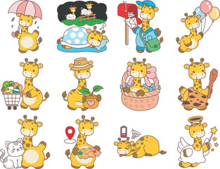 Set Vector Stock Illustrations Isolated of Baby Giraffe.
Cute giraffe animals with various activities.
Funny sticker of Giraffe animal kids.