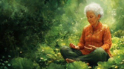 Serene Elderly Woman Meditating in Nature