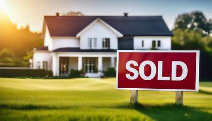 Beautifully home and SOLD sign, real estate market. Architecture and business. House in suburbs