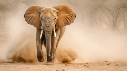 A wildlife portrait of a desert elephant walking through a dusty landscape, with sand swirling around its large feet and trunk as it moves through the harsh environment