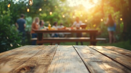 Outdoor summer bbq gathering with a blurred view and a rustic wooden table in a garden setting