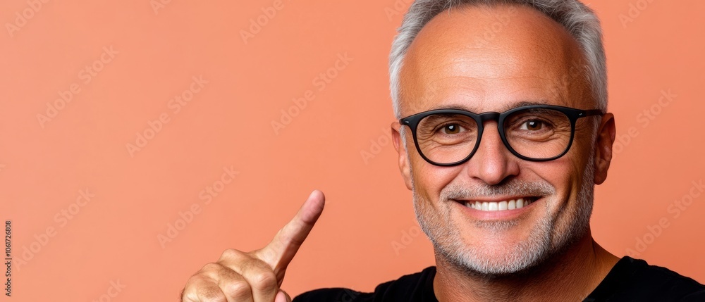 Poster Man with glasses is smiling and pointing to the camera. Concept of confidence and positivity