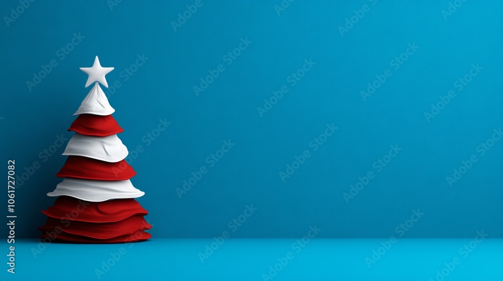 Poster christmas tree with a star on top is displayed on a blue background. the tree is made of paper and h
