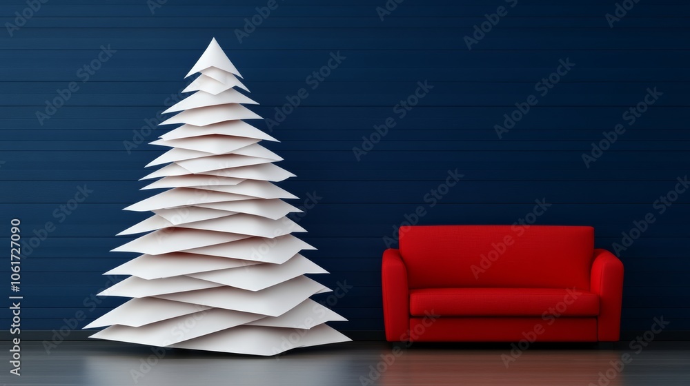 Poster couch is placed in front of a paper tree, which is white in color. couch is red and it is positioned