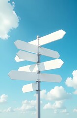 An image of directional signposts pointing in different directions against a bright blue sky
