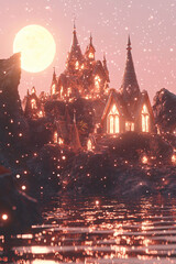 moonlit gnome village floating in space, surreal dreamy scenario