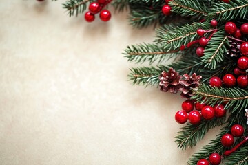 Christmas holiday border with red berries and pine branches